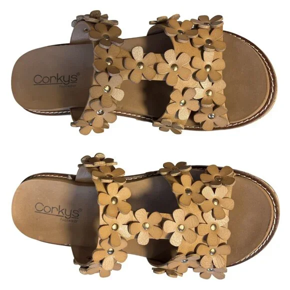 Corkys Floral Wedge Sandals Size 8 Cognac Slip-On Summer Shoes - Picture 6 of 8